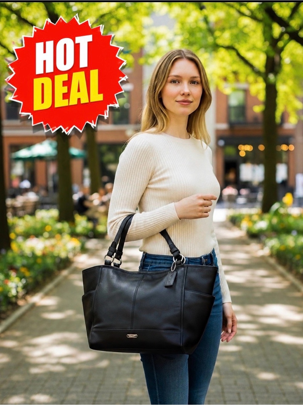 Coach F29883 Black Pebbled Leather Zip Top Tote Shoulder Bag